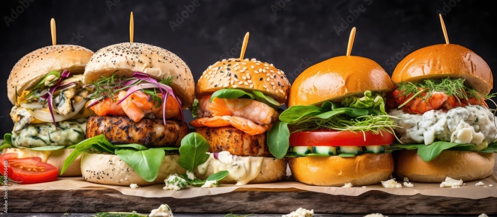 Poster Assortment of sandwiches with different toppings laid out on a cutting board. with copy space image. Place for adding text or design