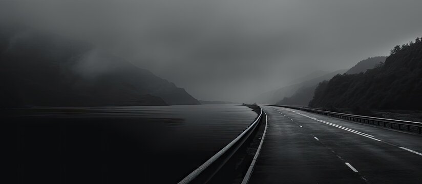 A bird strolls along a highway while the surrounding scenery features moody monochrome tones in the roads and water. with copy space image. Place for adding text or design