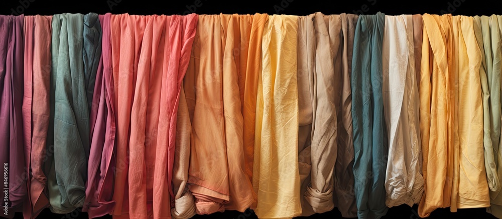Poster A close-up view of a variety of colored scarves neatly arranged and hanging on a clothesline, adding a vibrant touch to the setting. with copy space image. Place for adding text or design
