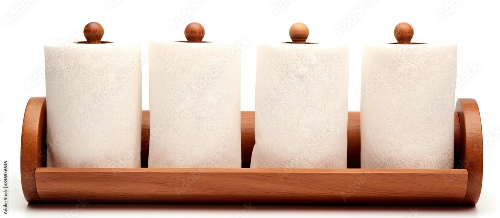Leinwandbilder Paper towels neatly placed in a wooden holder against a plain white backdrop, creating a simple and tidy image. with copy space image. Place for adding text or design