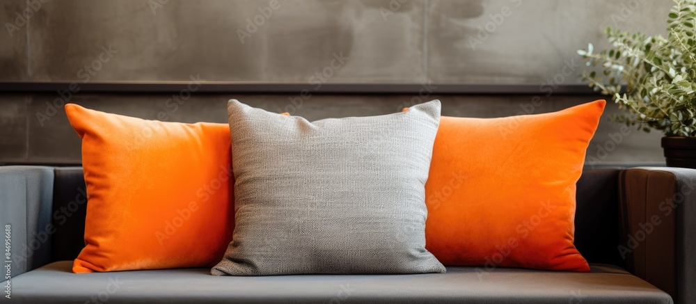 Poster beige couch adorned with orange and gray pillows complemented by a pot plant. with copy space image.