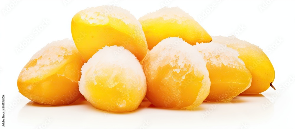Poster five freshly peeled oranges lying on a plain white surface. with copy space image. place for adding 