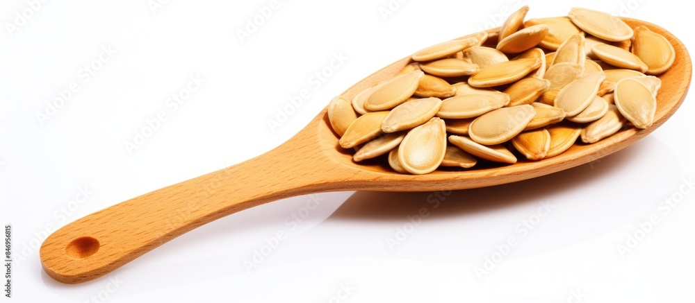 Aufkleber Wooden spoon lays filled with pumpkin seeds on a plain white table. with copy space image. Place for adding text or design