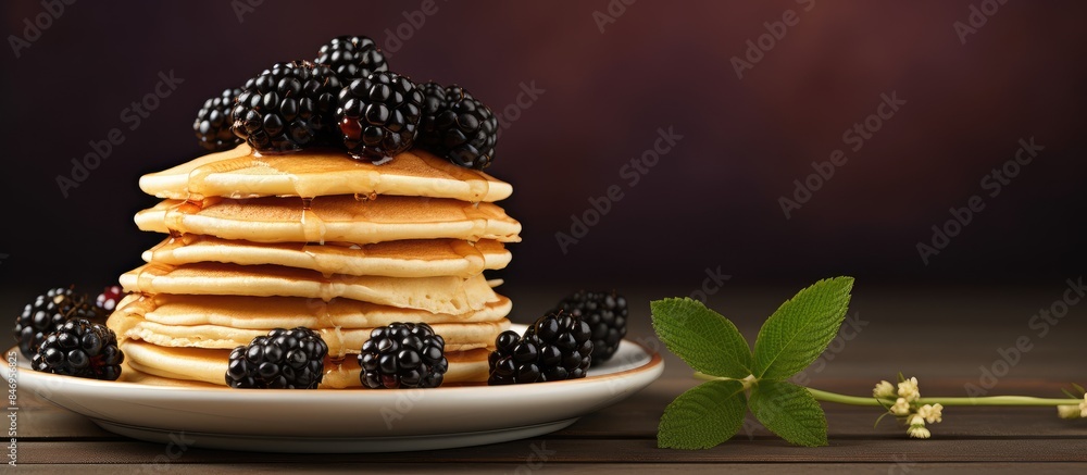 Fototapete delicious pancake topped with ripe blackberries served on a plate. with copy space image. place for 