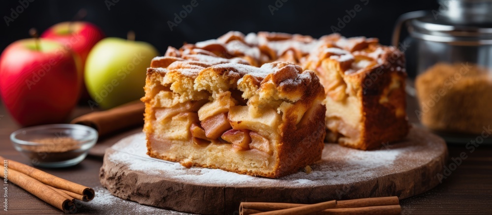 Fototapete homemade apple cake topped with cinnamon on a wooden cutting board, surrounded by fresh apples. with