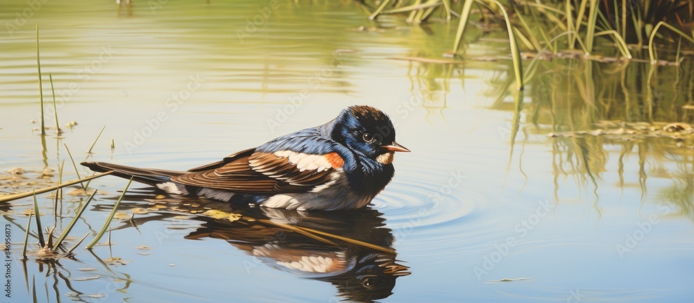 Poster A swallow taking a break at the water's edge, resting peacefully. with copy space image. Place for adding text or design