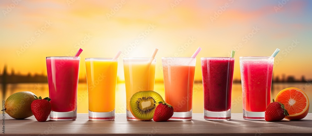 Aufkleber Various fruit juices lined up with slices of fruit, including strawberry, passion fruit, orange, and apple. with copy space image. Place for adding text or design