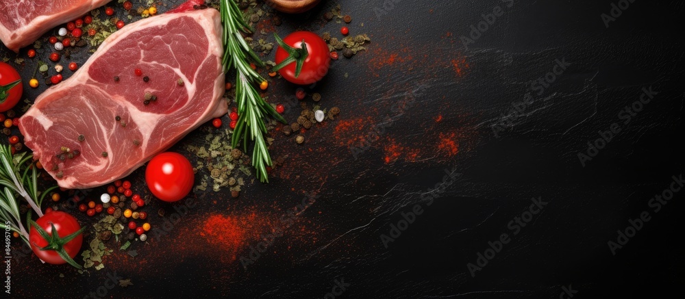Leinwandbilder raw pork steak accompanied by fresh tomatoes and flavorful herbs, set against a dark backdrop. with 