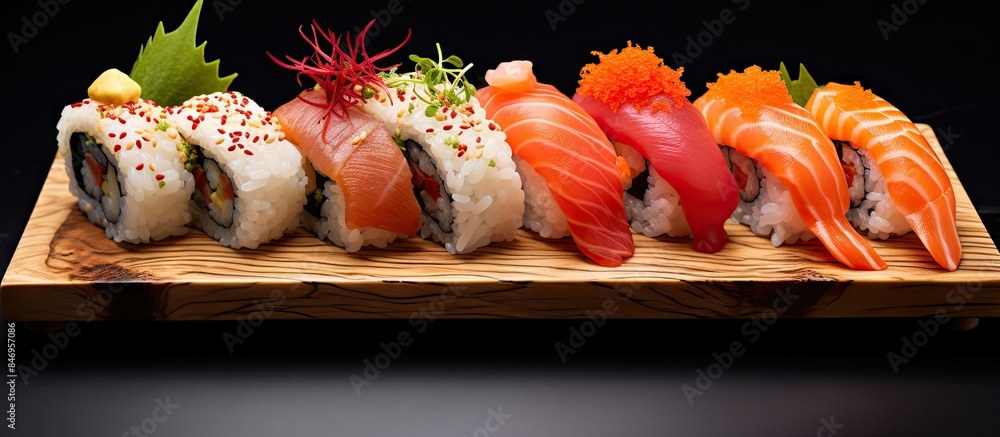 Leinwandbilder a wooden plate up close displaying delicious sushi rolls and fresh salmon, accompanied by wasabi and