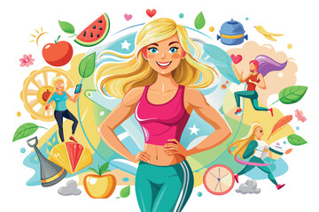 a girl with a sporty body surrounded by elements related to health and fitness. the theme is healthy and active lifestyle