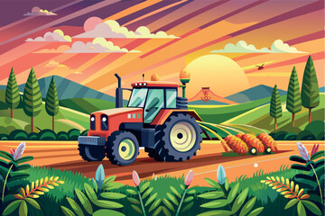 A tractor is plowing or working in a field with rows of crops. The background is in the form of undulating hills and plants can be seen in the foreground,