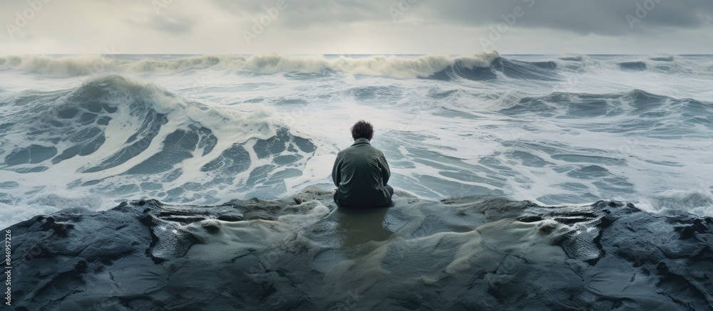 Poster Man relaxes on jagged rock gazing out at turbulent ocean waves crashing against the shore. with copy space image. Place for adding text or design