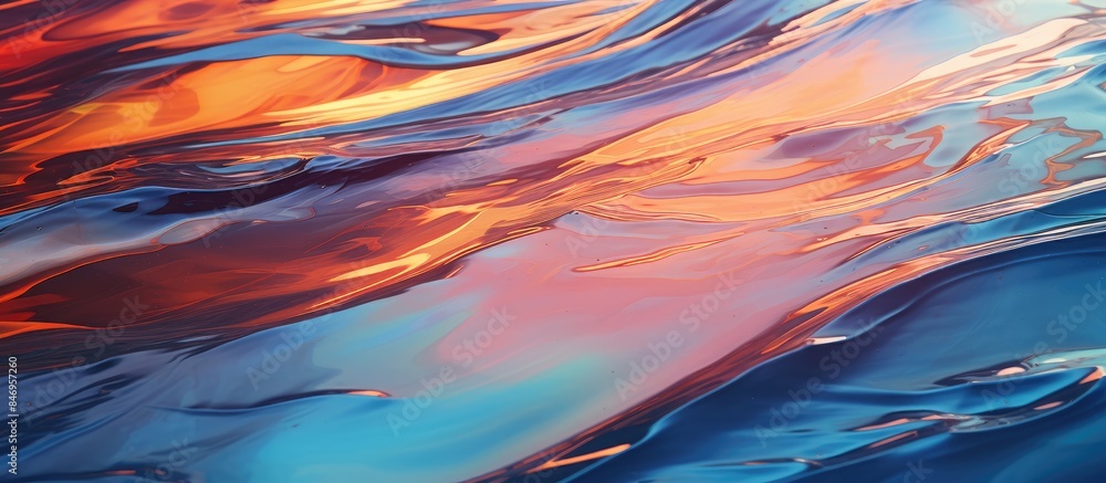 Poster close-up view of a water wave under a setting sun, reflecting beautiful colors and patterns. an oil 
