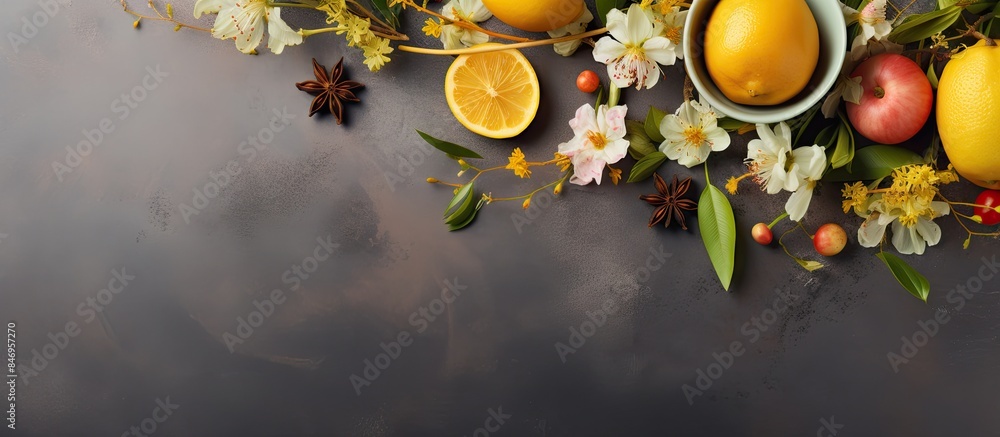 Fototapete Table adorned with assortment of fruits and flowers in a bowl, creating a vibrant and fresh display. with copy space image. Place for adding text or design