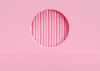 Empty pink pastel studio bg with floor and circle hole in wall for product show. 3d render illustration of simple rose color room podium background with round window. Presentation indoor scene.