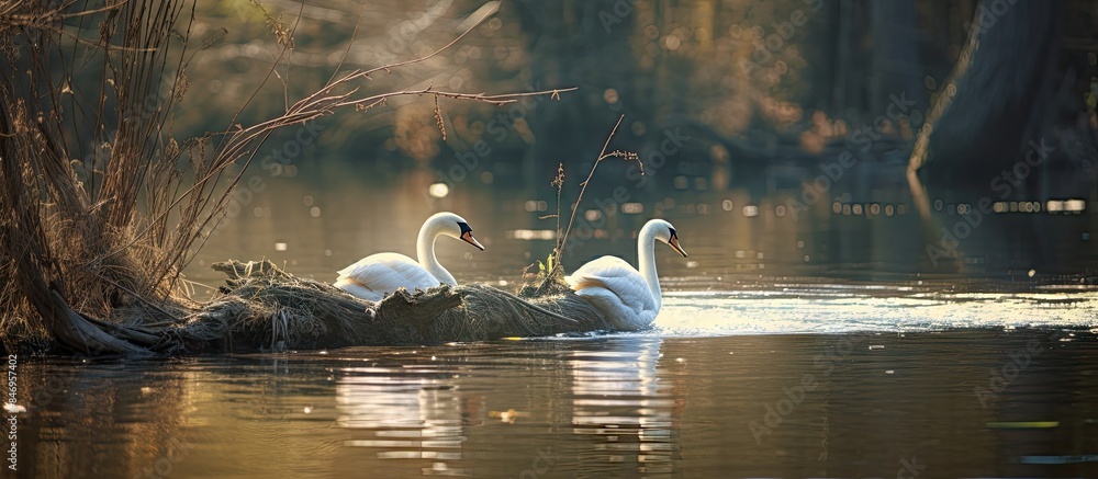 Poster Pair of elegant swans gracefully glide on the water near a tree in a serene and picturesque setting. with copy space image. Place for adding text or design