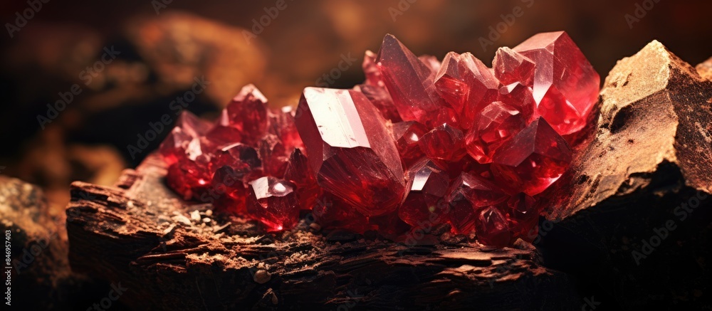 Poster red crystal cluster on rock, a raw mineral used in industry and jewelry, showcasing its natural form