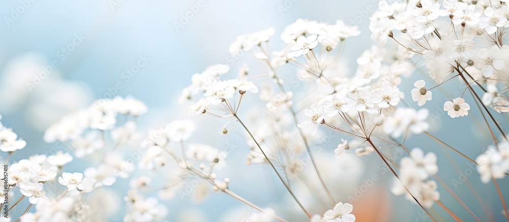 Leinwandbilder A collection of white flowers arranged in a transparent glass vase, creating a delicate and elegant display. with copy space image. Place for adding text or design