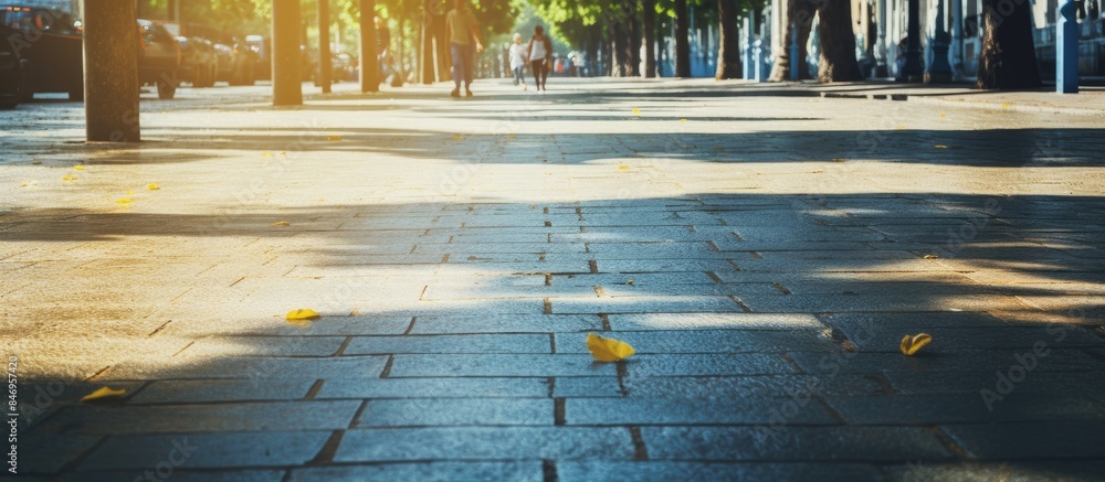 Aufkleber A vehicle is parked next to a sidewalk covered with fallen leaves, capturing a serene autumn scene. with copy space image. Place for adding text or design