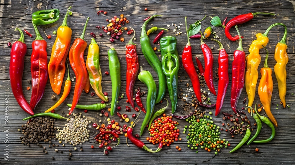 Aufkleber a close-up image of a variety of fresh and dried chili peppers arranged on a rustic wooden surface. 