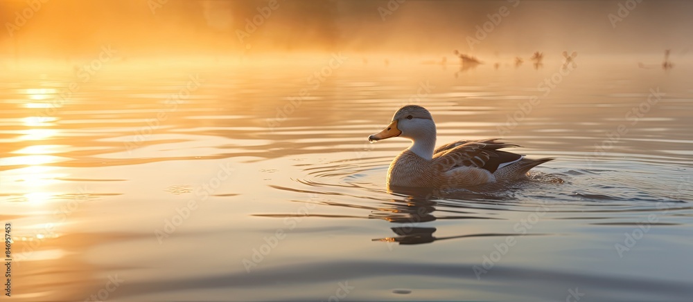 Poster morning mist surrounds a serene lake as ducks and a shoveler gracefully swim in the tranquil waters.
