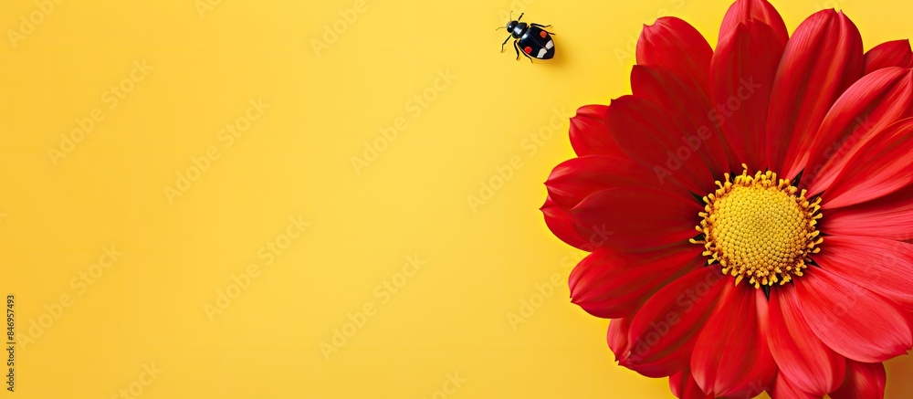 Fototapete red flower attracts a busy bee against a bright yellow background, while a ladybug crawls on a vibra