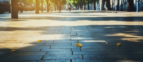 A vehicle is parked next to a sidewalk covered with fallen leaves, capturing a serene autumn scene. with copy space image. Place for adding text or design