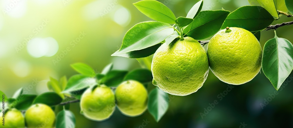 Leinwandbilder Yellow lemons hanging abundantly from tree branches surrounded by lush green foliage. with copy space image. Place for adding text or design