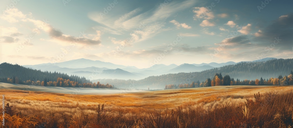 Poster Scenic view of an uncultivated autumn field with a majestic mountain in the background. with copy space image. Place for adding text or design