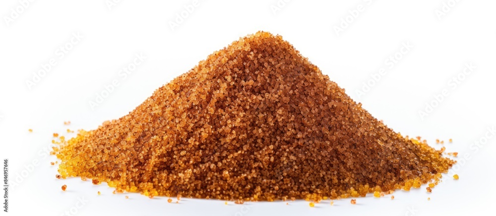 Fototapete a close-up view of a small mound of brown sugar granules neatly arranged on a smooth white tabletop.