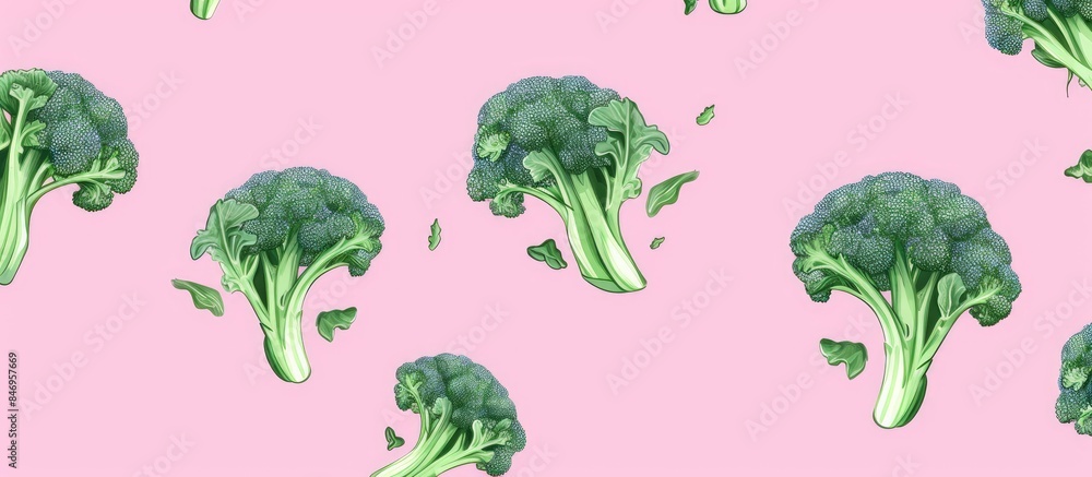 Poster a close-up view of a cluster of healthy green broccoli florets arranged neatly on a bright pink back
