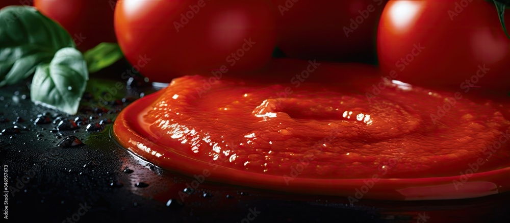 Poster fresh basil leaves and ripe tomatoes arranged on a plate with a side of flavorful tomato sauce. with