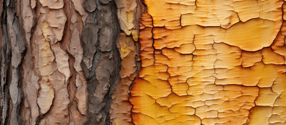 Poster Close-up view of a tree trunk showing peeling paint on the surface. with copy space image. Place for adding text or design
