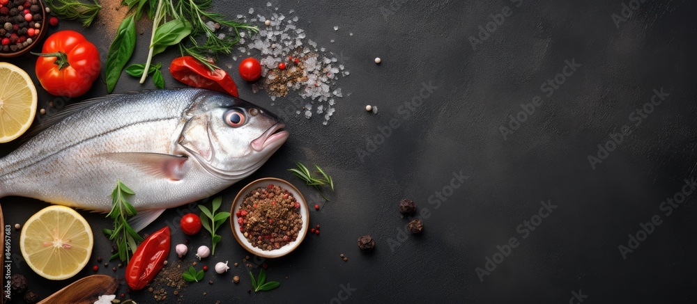 Fototapete A raw dorada fish surrounded by lemons, pepper, tomatoes, and spices with a blank space on the side. with copy space image. Place for adding text or design