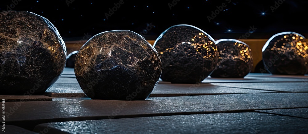 Poster Many rocks sit on the ground surface, while shiny granite spheres are illuminated in the urban setting during the night. with copy space image. Place for adding text or design