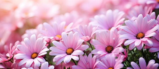 Purple flowers are blooming gently in a field, while pink daisies are being planted to promote ecological balance. with copy space image. Place for adding text or design