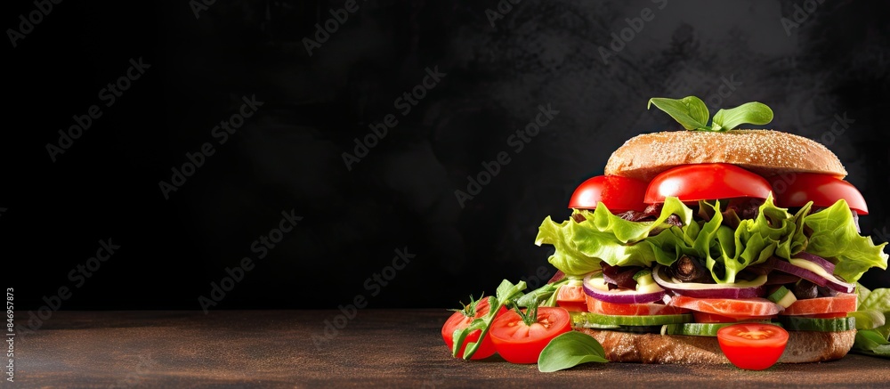 Poster delicious sandwich filled with crisp lettuce, juicy tomato slices, and aromatic onion, isolated on a