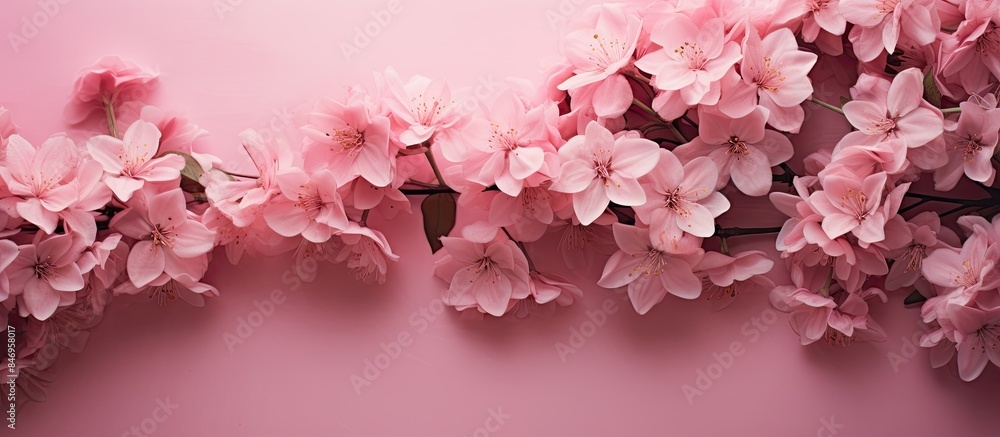 Poster pink flowers delicately blooming on a branch set against a seamless pink background. with copy space