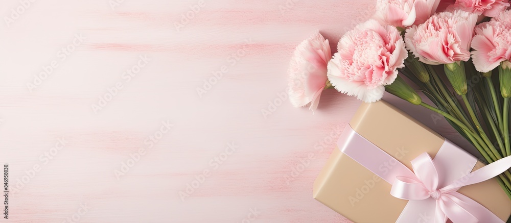 Poster pink flowers and a gift placed on a soft pink wooden table surface. with copy space image. place for