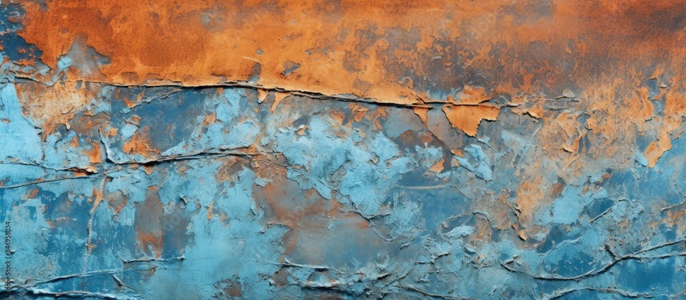 Leinwandbilder Macro shot of a rusted metal surface featuring a mix of blue and orange paint, creating a grungy background with cracks and rust. with copy space image. Place for adding text or design