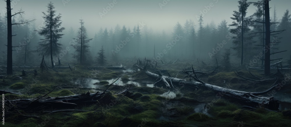 Aufkleber Ancient trees covered in mist stand tall in an old growth forest sitting atop a bog. with copy space image. Place for adding text or design