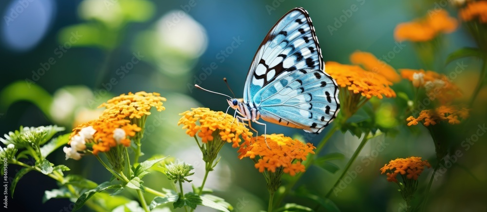 Poster colorful butterfly perched on a flower, captured up close in a lush summer garden. with copy space i