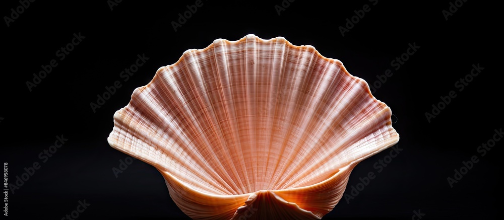 Poster Seashell in close-up view placed on a black surface, emphasizing its intricate details. with copy space image. Place for adding text or design
