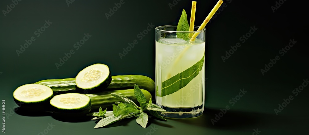 Leinwandbilder Glass water with cucumber slices and a straw, mix of cucumber and tender coconut water with a hint of fresh curry leaf. with copy space image. Place for adding text or design