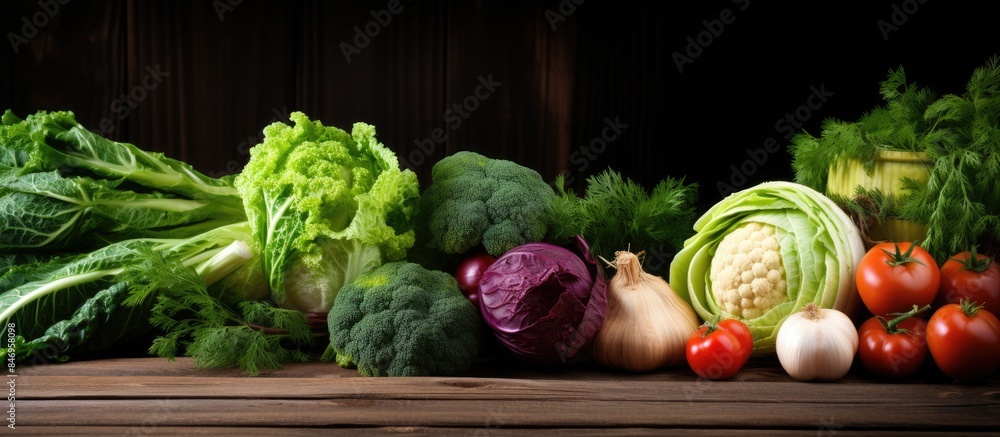 Poster assorted fresh vegetables like cabbage and green onions arranged on an aged wooden surface. with cop