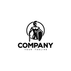 Creative logo design depicting a warrior with a sword and a shield in his hand. 