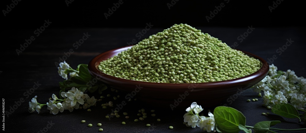 Poster close-up view of a bowl filled with green peas and colorful flowers. with copy space image. place fo
