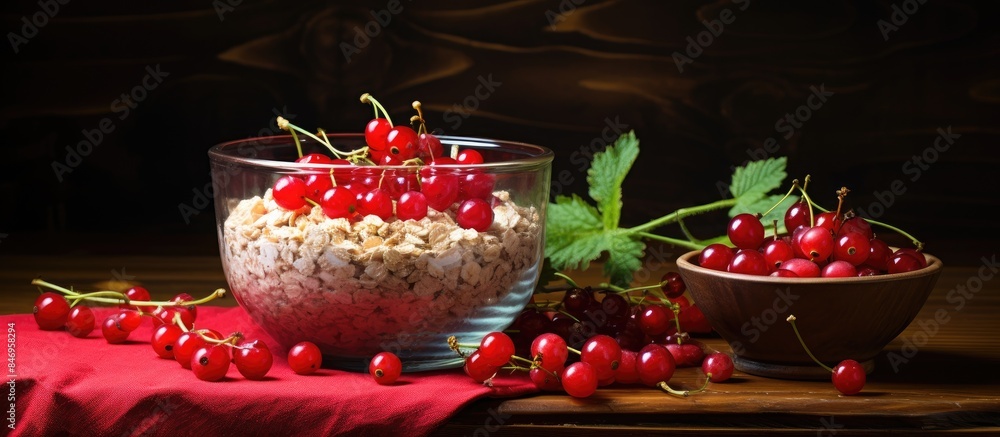 Aufkleber Oatmeal topped with fresh cherries and leaves served in a bowl on a table. with copy space image. Place for adding text or design