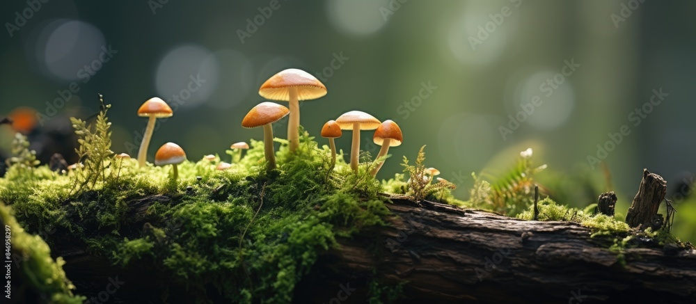 Aufkleber fungi thriving on a rotting log adorned with vibrant green moss in a natural woodland setting. with 