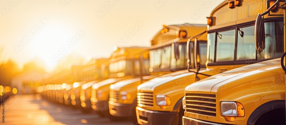 Poster Yellow school buses lined up in neat rows in a parking lot. with copy space image. Place for adding text or design